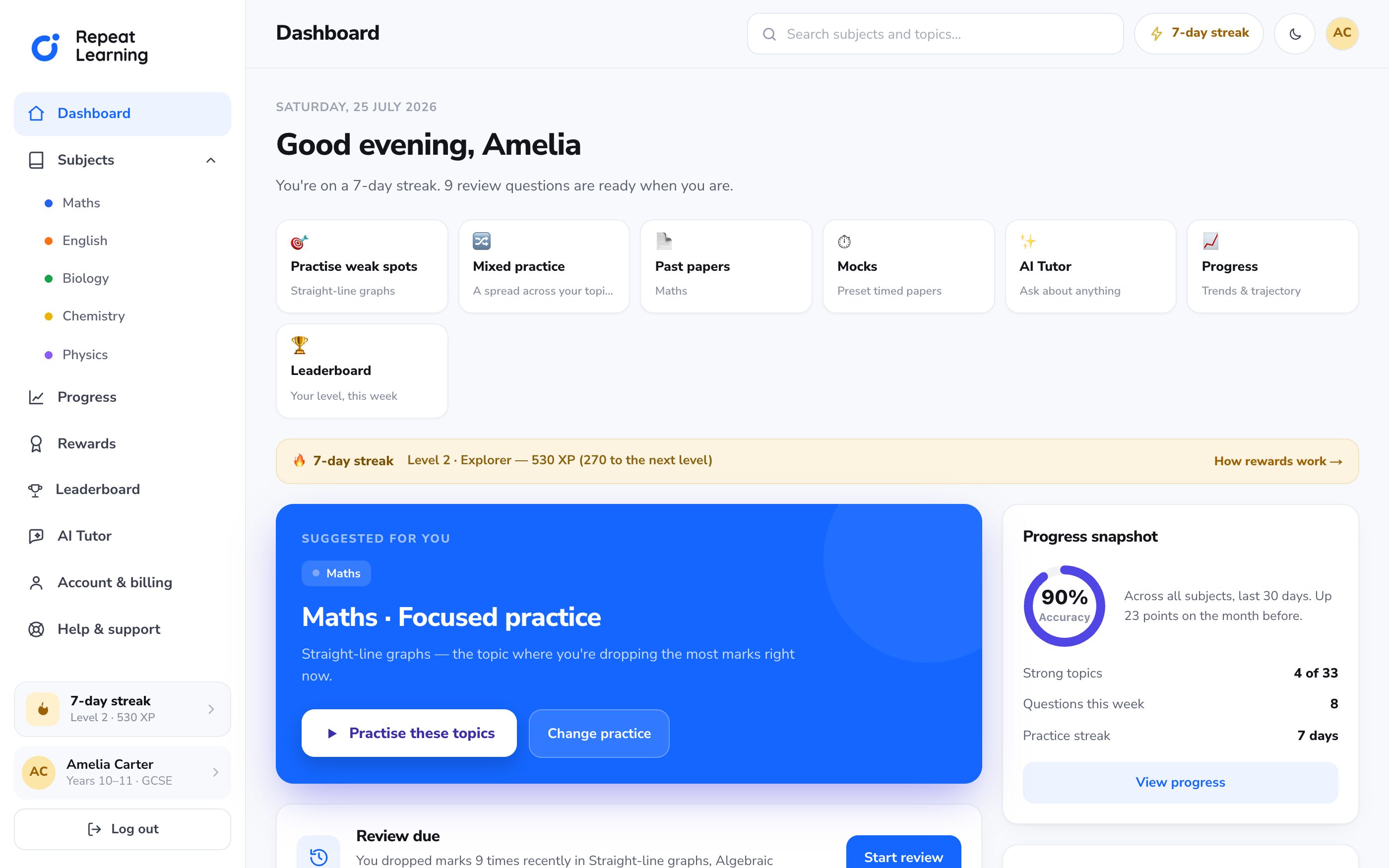 The Repeat Learning dashboard