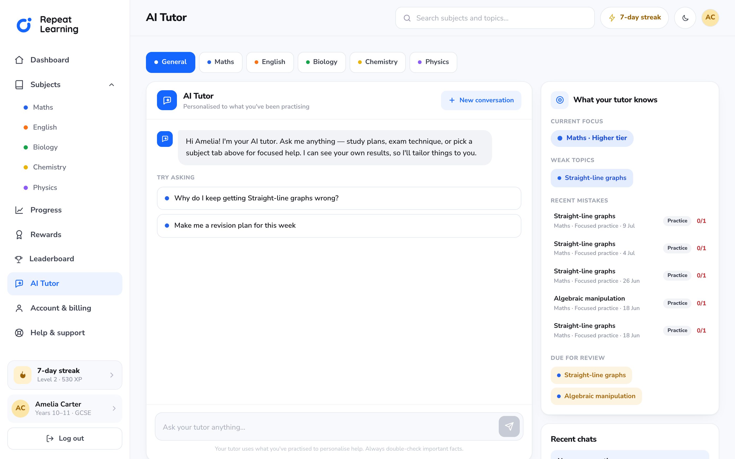 The AI tutor, per subject